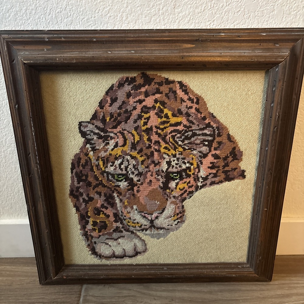 Vintage Needlepoint Jaguar 1970s Ann Tush Tina of California Wood Frame 18.5"
